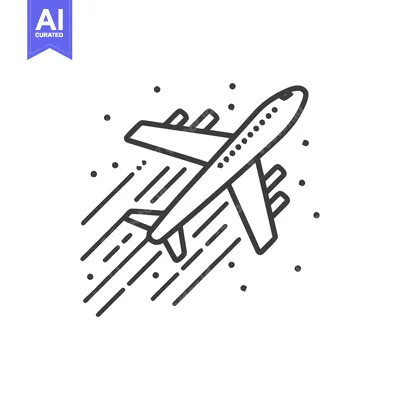 Aset desain premium: Sleek Airplane Icon Ascending with Speed Lines and Trailing Dots