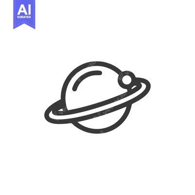 Aset desain premium: Minimalist Planet Icon with Ring and Moon, Black Outline on White