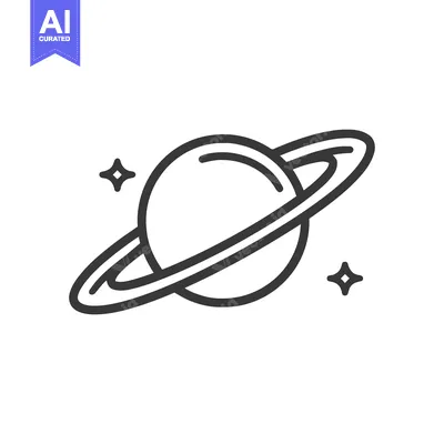 Minimalist Planet Icon with Rings and Stars on White Background
