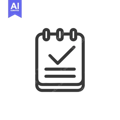 Aset premium populer: Minimalist Notebook Icon with Checkmark, Dark Gray Outline on White Ba