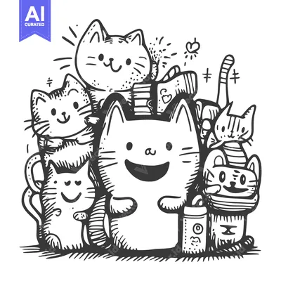 Aset premium populer: Playful Doodle Illustration of Multiple Cats with Hearts and Stars