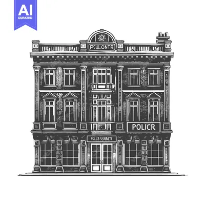 Aset desain premium: An illustrated monochrome architectural facade of a large building