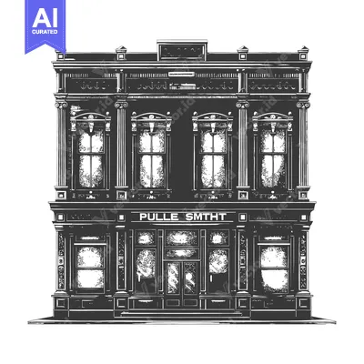 Detailed two story classical building architecture drawn with black in