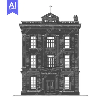 Aset desain premium: A detailed illustration shows a classical brick building structure