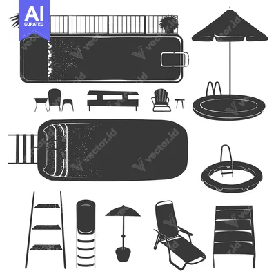 Pool and Patio Silhouette Set with Ladders, Chairs, and Umbrella
