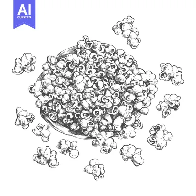 A full bowl of popcorn with several pieces scattered