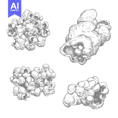 Hand drawn illustrations of different pieces of popcorn kernels