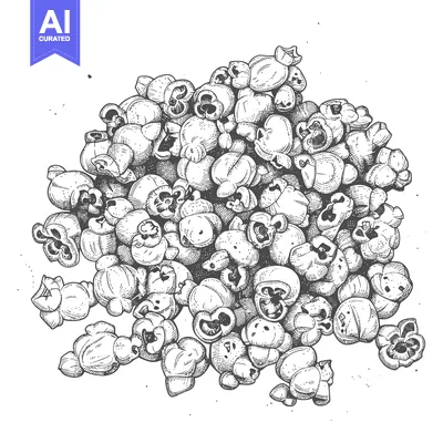Aset premium populer: A black and white detailed illustration of a pile of popcorn