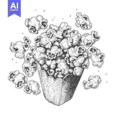 An artistic illustration of a box filled with popcorn kernels and piec