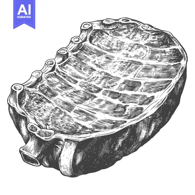 A detailed grayscale drawing shows ribs of meat with bone