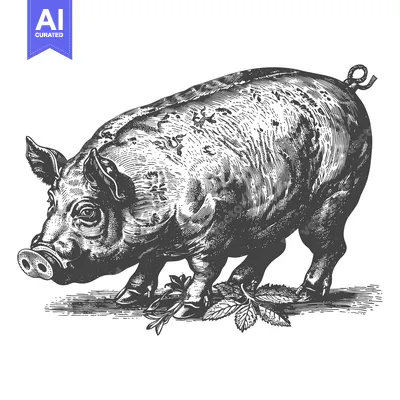 Aset premium populer: A Detailed Engraving Depicts a Pig Grazing on Some Herbs