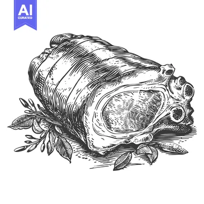 A Detailed Engraved Illustration Depicting a Large Roasted Meat Cut