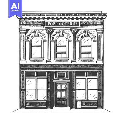 Aset desain premium: A detailed grayscale architectural illustration of a two story buildin