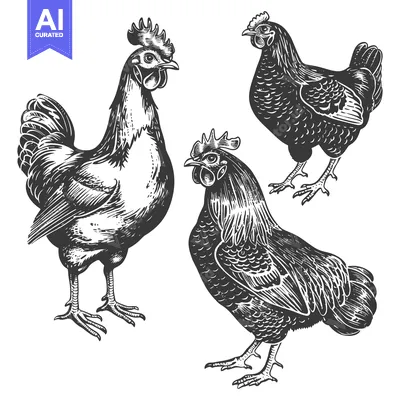 Aset premium populer: Three detailed artistic black and white illustrations of poultry anima