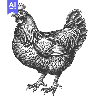 Aset premium populer: An intricately detailed black and white illustration of a chicken