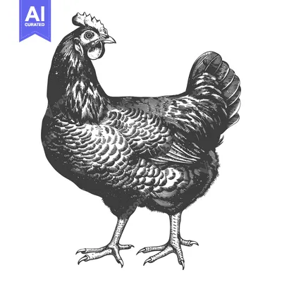 Aset desain premium: A detailed black and white illustration depicts a standing chicken