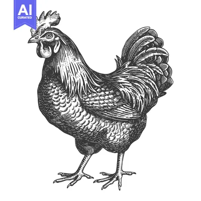 A detailed monochromatic illustration of a proud rooster standing alon