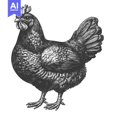 Aset desain premium: A detailed drawing depicts a chicken standing with its head up