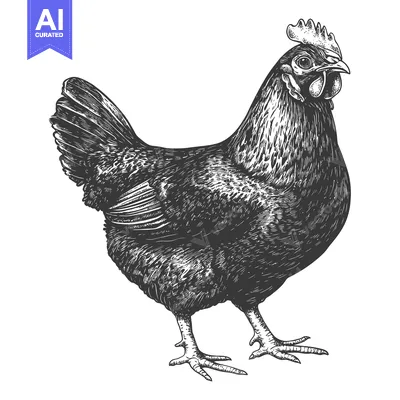 Aset desain premium: A detailed black and white illustration of a domestic hen