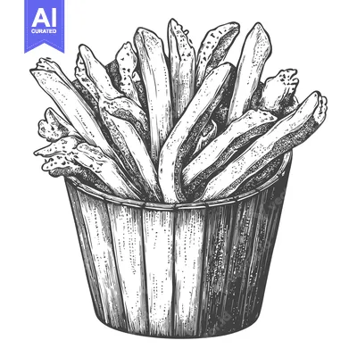 A Black And White Illustration Of French Fried Potatoes In A Basket