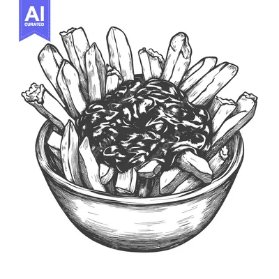 A bowl of french fries topped with gravy for eating