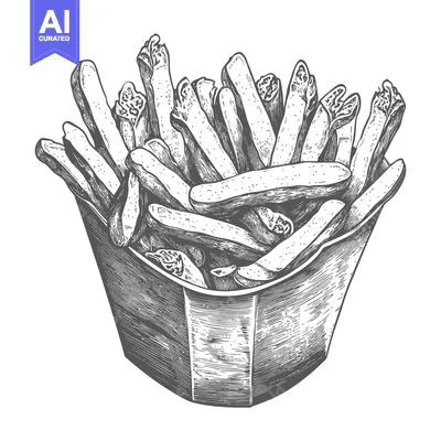 A drawn image shows a paper container filled with french fries