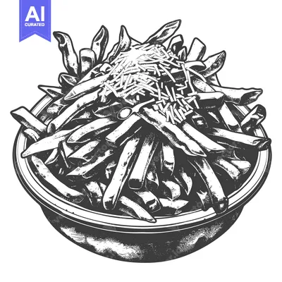 A bowl of prepared french fries and shredded topping