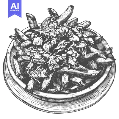 Illustration of a bowl filled with french fries and toppings