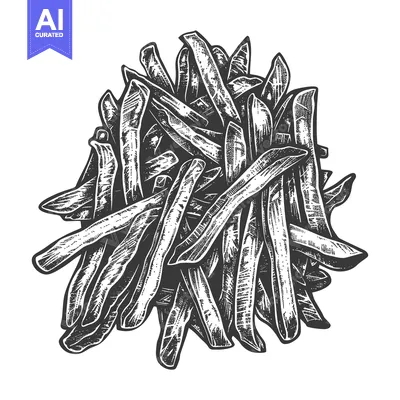 A drawing of many french fried potato strips on white background