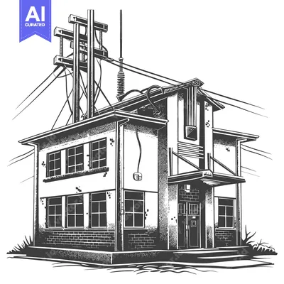 A detailed black and white illustration of a utility building