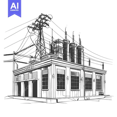 Detailed black and white illustration of a power plant building