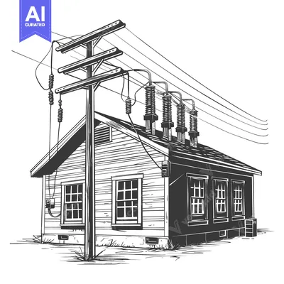Aset desain premium: An illustration depicts a building with power lines connected above