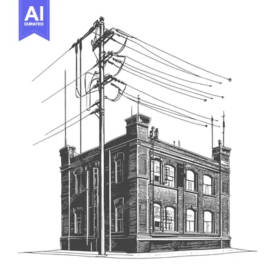 An illustrated architectural drawing depicting an old building and uti