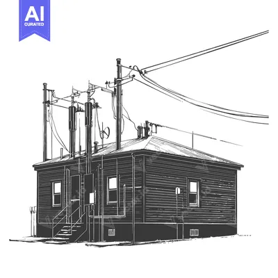 A detailed monochrome drawing of a power station building