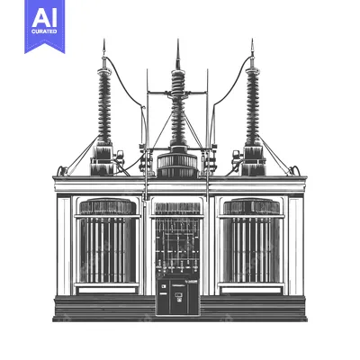 Aset desain premium: Detailed black and white illustration of a power station substation