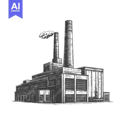 A detailed grayscale line art depiction of a large industrial factory