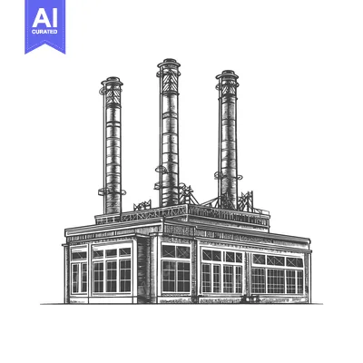 Aset desain premium: An industrial building with three tall smokestacks is illustrated clea