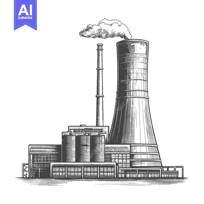 Aset desain premium: A detailed black and white illustration of a power generating plant