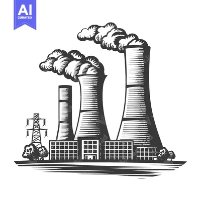 A stylized industrial plant with tall smokestacks releasing emissions