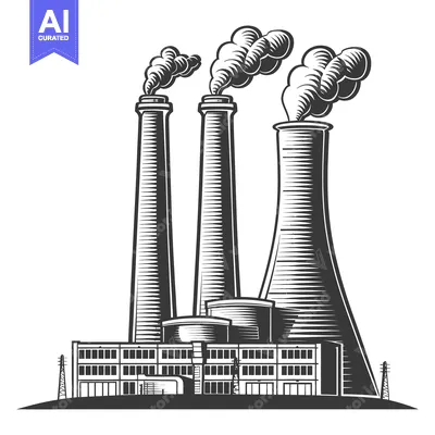 A vintage depiction showing industrial factory and smokestacks releasi