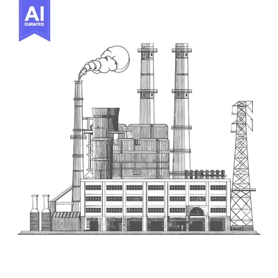 Aset premium populer: A detailed monochrome illustration depicts a large industrial factory