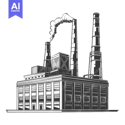 Premium design asset: Black and white illustration of a large industrial factory plant