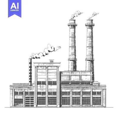Industrial plant illustration featuring tall smokestacks and emanating