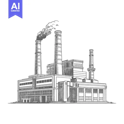 Black and white illustration of a manufacturing plant with smokestacks