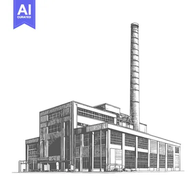 Popular premium asset: An industrial building with a tall chimney drawn in grayscale lines