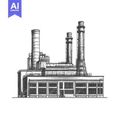 A detailed black and white drawing of an industrial facility