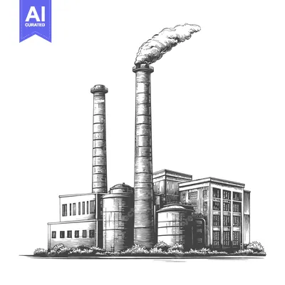Aset premium populer: Detailed monochrome drawing depicting an industrial factory building c