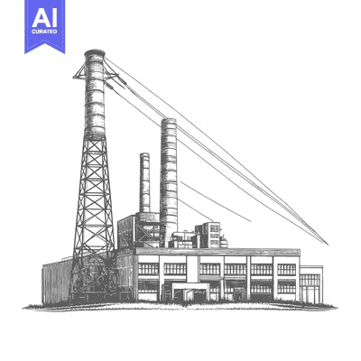 Aset desain premium: Industrial building with tall smokestacks and transmission lines prese
