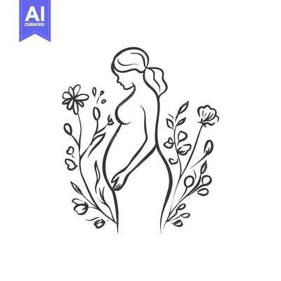 Aset desain premium: Pregnant Woman Silhouette Surrounded by Floral Elements