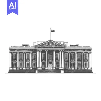 Aset desain premium: A black and white ink drawing depicts a large building